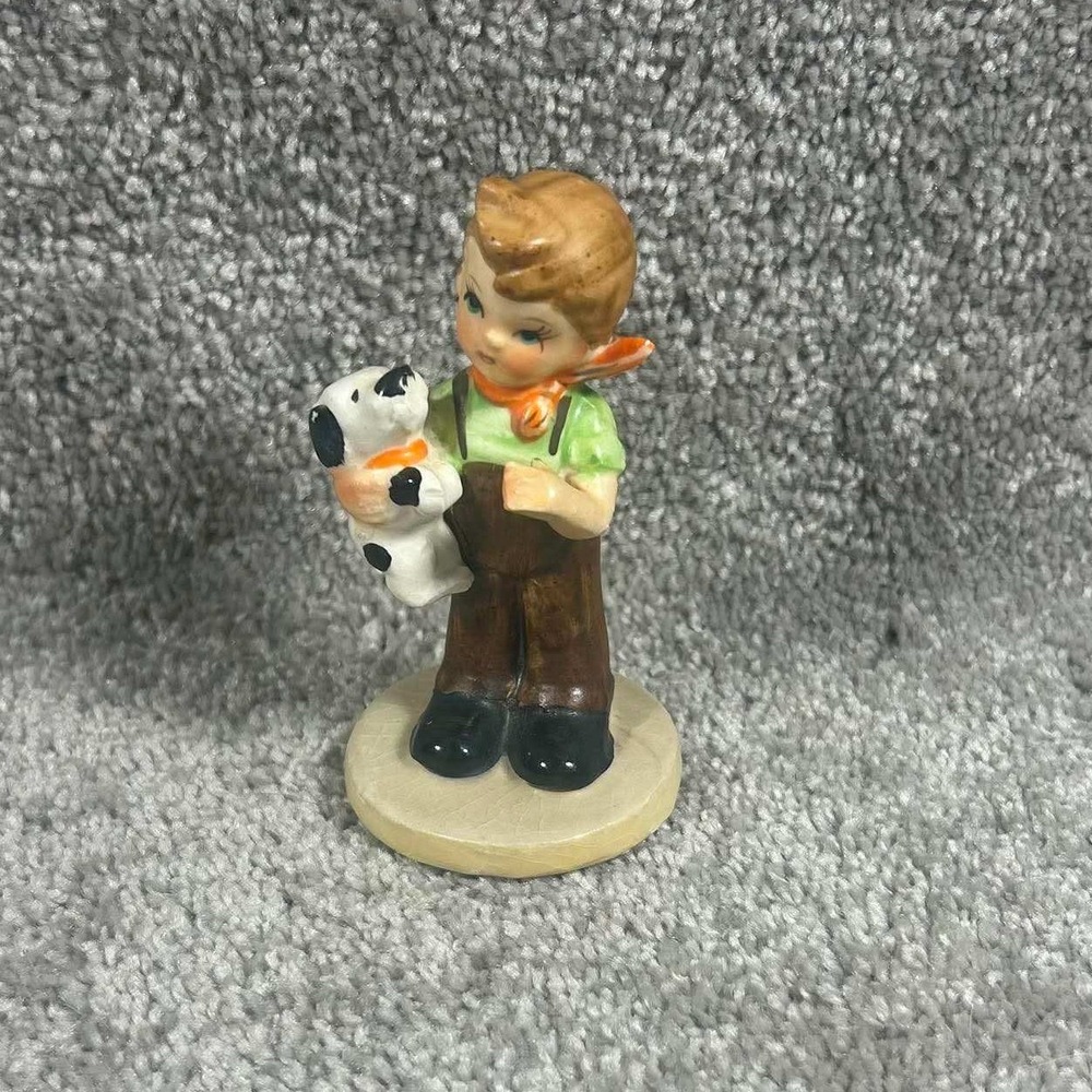 Vintage Japan Ceramic Boy with Dog Figurine Brown Green Hummel Style 4 Inch